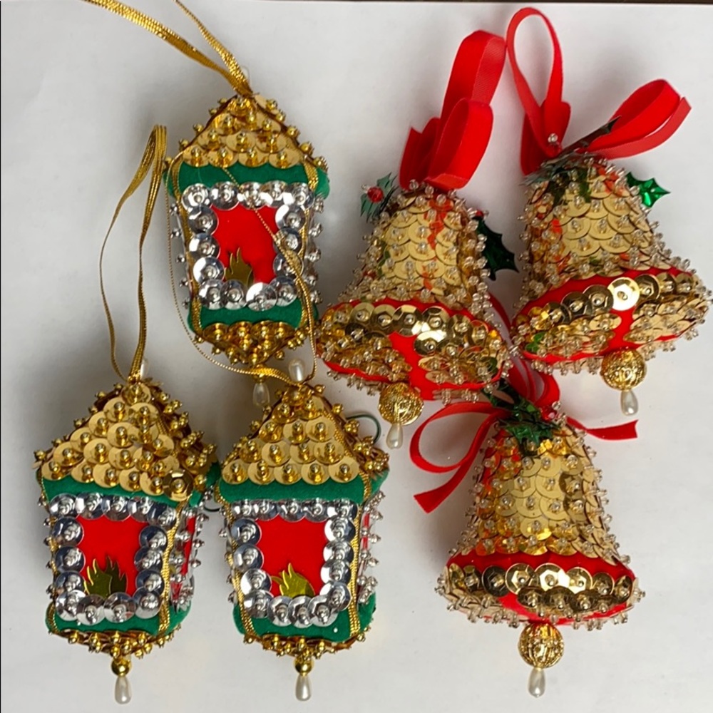 Set of 6 Vtg Handmade Beaded Christmas Ornaments